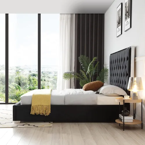 Vista 2 de Better Home Products Marco de cama de terciopelo con metal plateado negro/queen