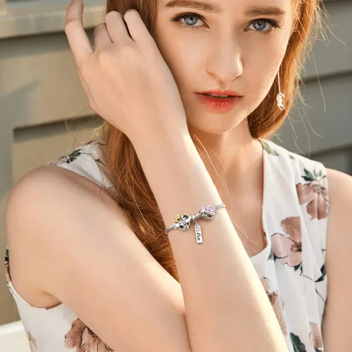 Vista 6 de JIAYIQI Pulsera Pandora para mamá, abuela, hija, esposa, amiga y hermana, con dije de oro de rosa 3D, dije de amor, día de San Valentín, cumpleaños