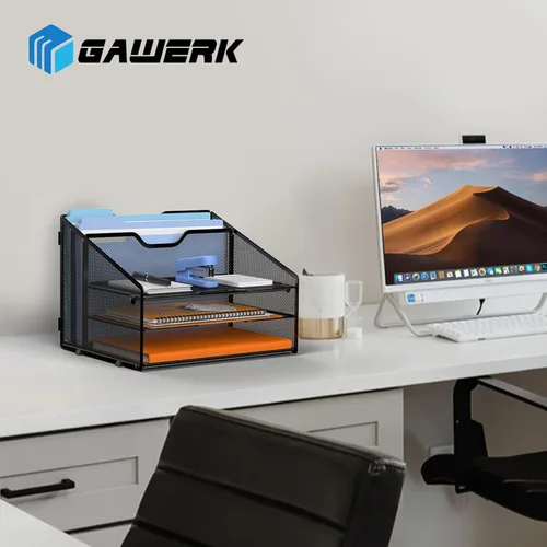 Vista 7 de Gawerk - Organizador de bandejas de cartas, Organizador de archivos de escritorio de malla con 3 bandejas de papel y 2 secciones verticales