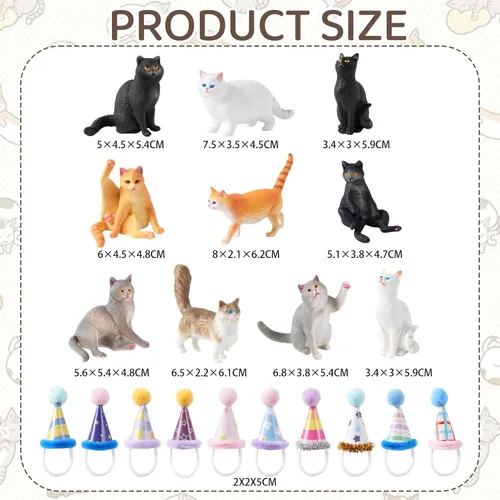 Vista 2 de 20 piezas de figuritas de gato en miniatura con kit de sombreros de cumpleaños, figuritas de gato pequeñas de resina, decoraciones para pasteles
