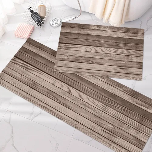 Vista 2 de GUBIYU Juego de 2 alfombras y tapetes de cocina de madera campestre, lavables, rústicas, tablones de madera marrón, alfombras de baño