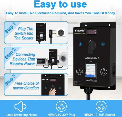 Vista 6 de Interruptor manual de carga EV para secadora y vehículos eléctricos, NEMA 10-30, 240V, 24A 5.76kW potencia máxima divisor, con interruptor