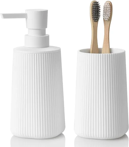 Vista 13 de YAUKPH Dispensador de jabón de baño y soporte para cepillos de dientes a rayas negro