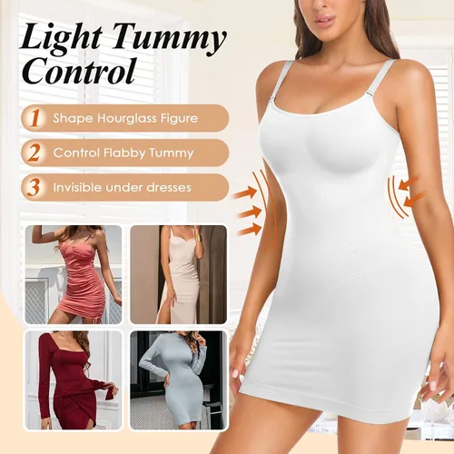 Vista 3 de HMQ Faja moldeadora para debajo de los vestidos, control de abdomen, vestido completo sin costuras, moldeador de cuerpo, tirantes delgados, vestido