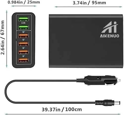 Vista 9 de Cargador de coche USB de múltiples puertos, 96W 6 puertos QC3.0 adaptador rápido múltiples puertos, con cuatro puertos de carga rápida 3.0