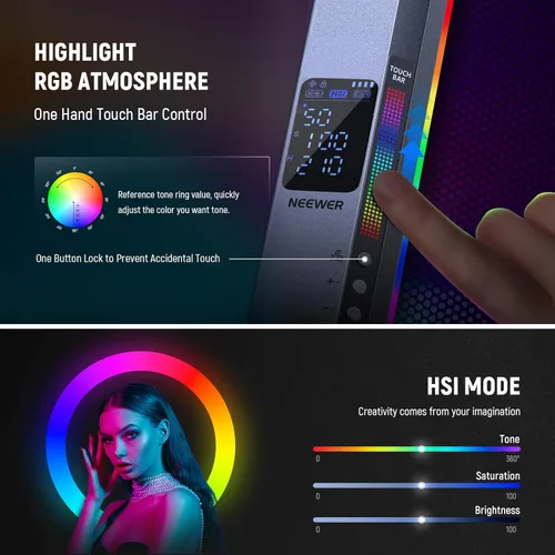 Vista 3 de NEEWER Barra de Luz LED RGB2 con Puerta de Granero de Metal, Mango, Barra Táctil/APP/Control 2.4G, Luz de Video RGB Magnética Recargable de Mano
