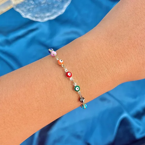 Vista 2 de Pulsera contra el mal de ojo, chapado en oro de 14 quilates, con cadena de ojo turco azul, para mujeres y niñas