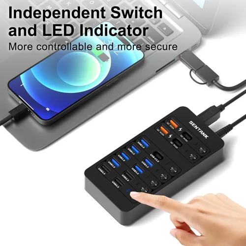 Vista 5 de Hub USB alimentado, divisor de concentrador de datos USB de 14 puertos con 6 puertos USB 3.0, 4 puertos de carga, 1 puerto de datos USB-C 3.0, 1