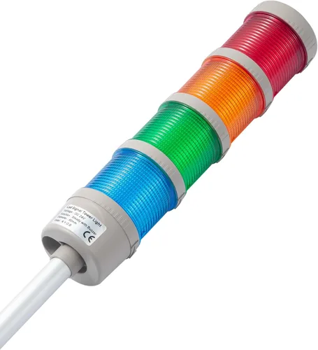 Vista 12 de Luz LED de torre Andon de 4 pilas con zumbador Red/Yellow/Green/Blue, On/Off, ABB Switch, 16 ft Extension Cable, Mean Well 120V-24V Adapter
