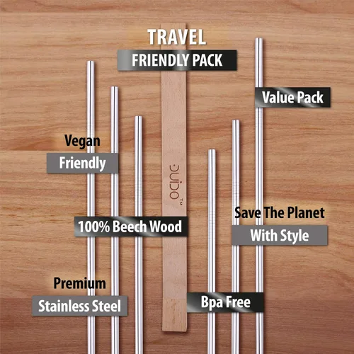 Vista 3 de Pajitas reutilizables de acero inoxidable con estuche de madera, paquete de 6, pajitas ecológicas de viaje de 8.5 pulgadas, reutilizables