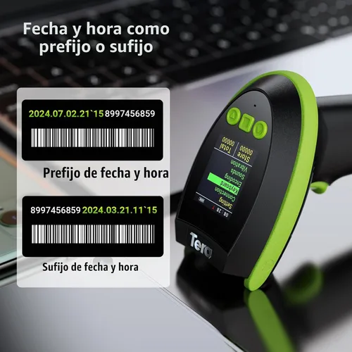 Vista 5 de Tera Escáner de código de barras inalámbrico 2D QR con soporte: pantalla de ajuste digital teclado versión Pro velocidad de escaneo extra rápida