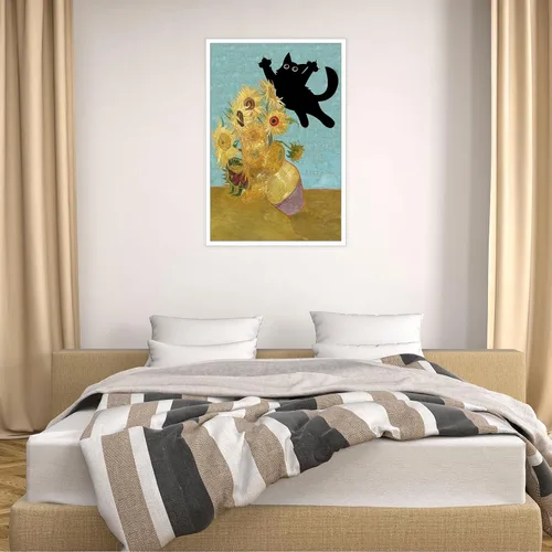 Vista 4 de Póster de Arte Gracioso de Gato Negro Vintage Van Gogh Girasol Gato Impreso en Lienzo Arte de Pared de Gato Lindo Estética de Animales