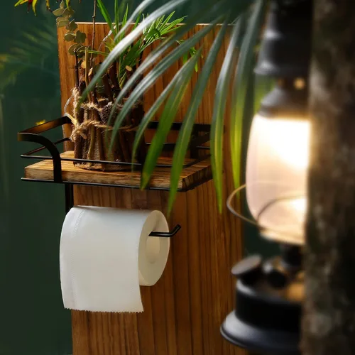 Vista 2 de Soporte de papel higiénico rústico de granja con estante – Decoración rústica de baño de granja – Accesorios de baño rústicos con estante de madera
