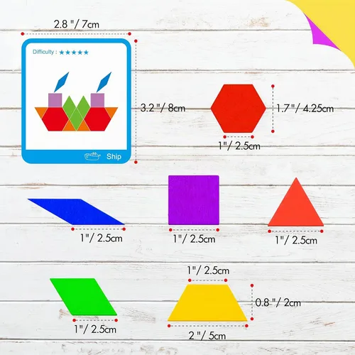 Vista 2 de 155 PIEZAS Juego de Bloques de Patrón de Madera, 24 Tarjetas de Diseño Doble Cara (48 Patrones) Rompecabezas de Forma Geométrica Divertido Tangram