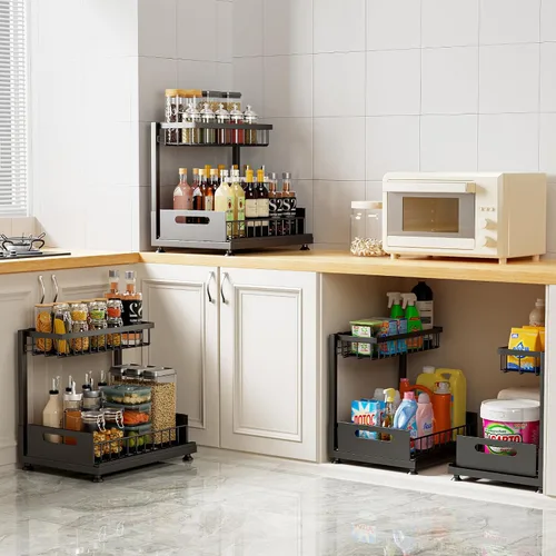 Vista 4 de Saydear Organizador de almacenamiento para debajo del fregadero, organizador de armario de cocina extraíble de 2 niveles con cajón deslizante, Negro