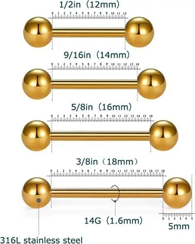 Vista 5 de VCMART Nipple Rings Tongue Rings Stainless Steel 14G Straight Barbells Piercing Jewelry 12mm,14mm,16mm,18mm