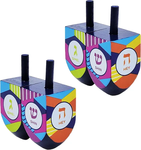 Vista 10 de The Dreidel Company Dreidels de madera pintados a mano extra grandes para Hanukkah, diseño de estrella azul y blanca, paquete de 2