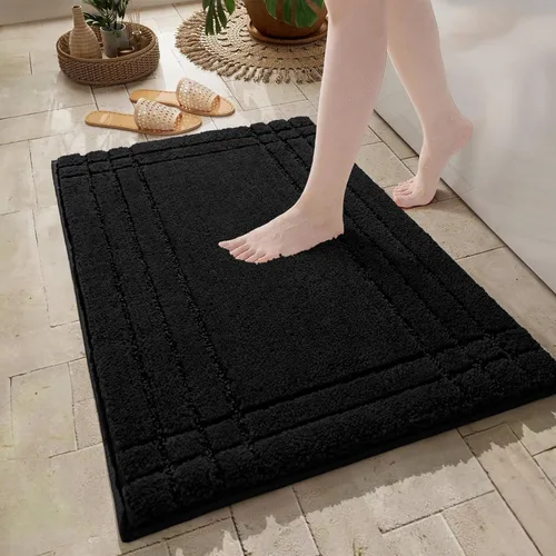 Vista 9 de Alfombras de baño negras, pequeñas alfombras de baño antideslizantes, alfombra de baño suave y peluda lavable para bañera y ducha, 18x24 Tapete