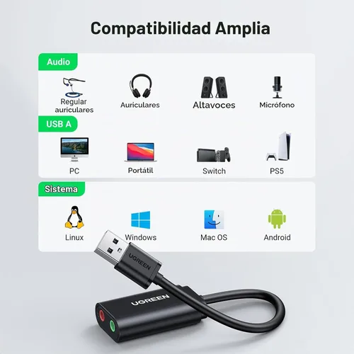 Vista 4 de UGREEN Adaptador de audio USB, con tarjeta de sonido estéreo externa, con auriculares de 3,5 mm y micrófono, con conector, para Windows, Mac, Linux