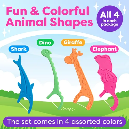 Vista 5 de Hilo dental para niños, paquete de 4 (200 unidades) – Divertidas púas de hilo dental en forma de animal para niños, sabor a chicle, fácil