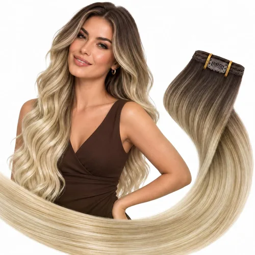Vista 29 de Ve Sunny Extensiones de cabello humano real con clip balayage, color marrón castaño degradado a rubio, 12 pulgadas, 5 unidades, 2.82 onzas