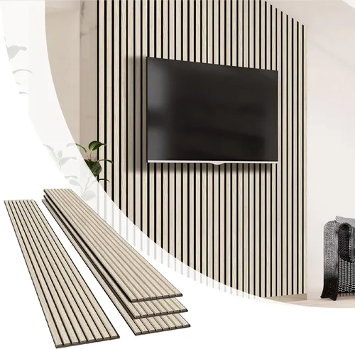 Vista 13 de Olanglab Paquete de 4 paneles de pared de listones de madera, paneles de pared acústicos de madera, 94.5"x12.6" pulgadas, cada uno de los paneles