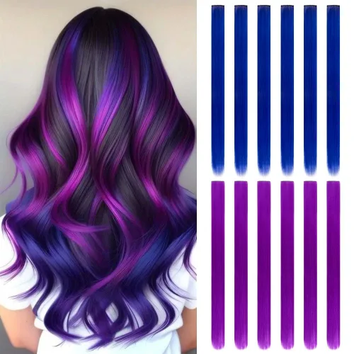 Vista 12 de 20 extensiones de cabello con clip de colores para niñas, extensiones de cabello arcoíris multicolor de 20 pulgadas, reflejos instantáneos, piezas