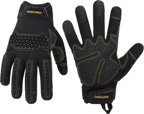 Vista 15 de HANDLANDY Guantes de trabajo para hombre, pantalla táctil, guantes de mecánico, ajuste flexible y transpirable, nudillos y palma acolchados