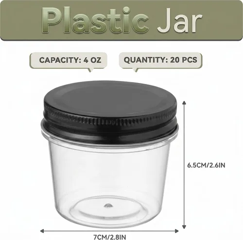 Vista 2 de novelinks Tarros de plástico transparente de 4 onzas con tapas negras, pequeños recipientes redondos reutilizables para alimentos, especias