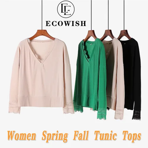 Vista 6 de ECOWISH Blusas de manga larga con cuello en V y encaje sólido para mujer estilo casual para otoño invierno estilo túnica