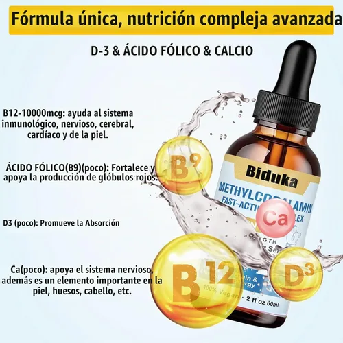 Vista 2 de Gotas líquidas de vitamina B12 sublinguales de 10,000 mcg, fórmula única con D3, B9 (ácido fólico), calcio, energía de apoyo, corazón, estado