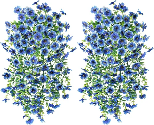 Vista 7 de Flores artificiales colgantes de imitación para decoración exterior de otoño, 2 piezas de violetas de seda falsas con eucalipto, resistentes a