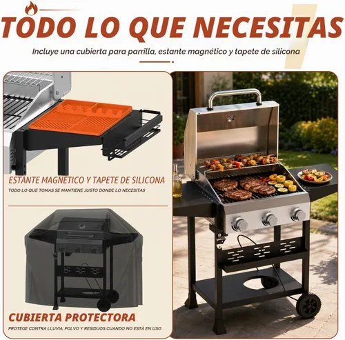 Vista 8 de 3-Burner Propane Gas Grill, 36000 BTU for BBQ,Portable with Wheels&Hood Even& powerful heat distribution with independent control,folding side