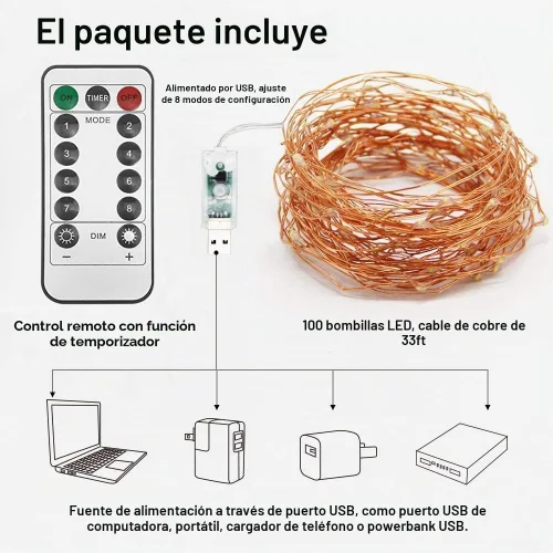 Vista 5 de Twinkle Star Guirnalda de luces de alambre de cobre de 100 luces LED de 33 pies Luces de Cadena de Hadas 8 modos, alimentada por USB, con control