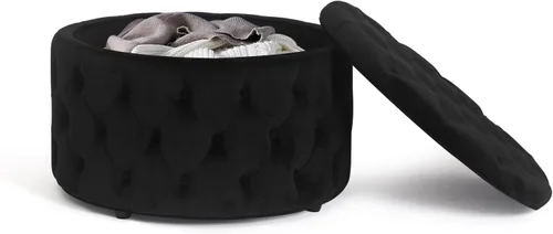 Vista 9 de Homebeez Otomana de Almacenamiento Redonda de Terciopelo de 28 Pulgadas, Taburete Reposapiés con Capitoné de Botones Mesa de Centro para Sala