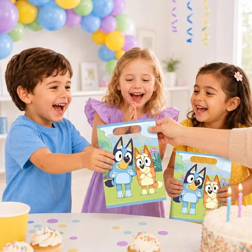 Vista 2 de Suministros Únicos de Fiesta Bluey - Bolsas de Regalo Bluey Rellenos - Paquete con 16 Bolsas de Regalo, 16 Globos, Adhesivo - Decoraciones de Fiesta