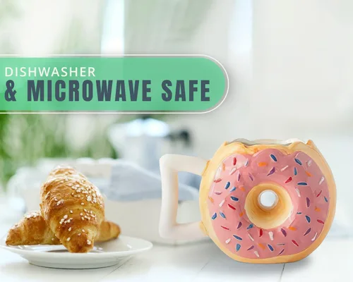 Vista 5 de Comfify Taza de cerámica con forma de dona – Esmalte rosa con chispas – Divertida cita "MMM... Donuts!" – Taza de café de 14 onzas para té