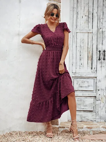 Vista 3 de PRETTYGARDEN - Vestido estilo bohemio, manga corta, cuello en V y plumetí con volados para mujer, vestido largo fruncido de cóctel