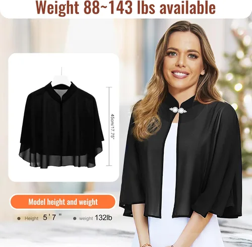 Vista 5 de RainFlowwer Chales y envolturas de gasa suave para mujer, cárdigan de manga corta transparente con frente abierto para vestido de noche, Negro