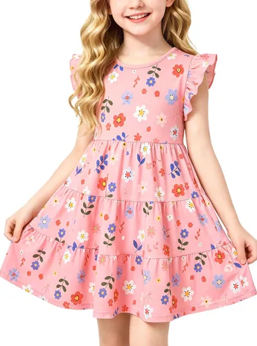 Vista 17 de Vestido casual para niñas, de algodón suave, manga corta, transpirable, acampanado, para adolescentes, talla 2T, 3T, 4T, 5, 6, 7, 8, 9, 10, 12, 13