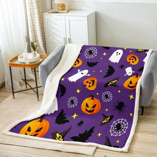 Vista 10 de Manfei Manta de Halloween con farol de calabaza, fantasmas, para decoración de habitación de niños y niñas, manta de araña negra para sofá, manta