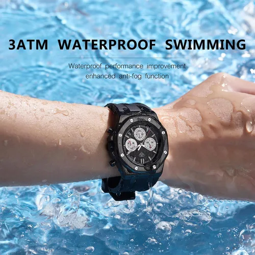 Vista 6 de Men's Watch Silicone Band, Quartz Analog Waterproof Multifunction Chronograph Sports Watch for Men with Calendar Black Rubber Strap