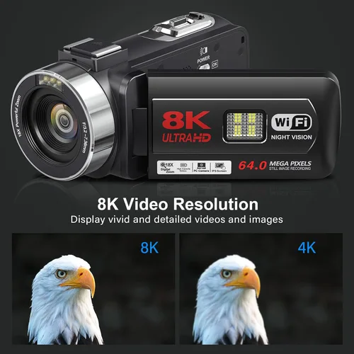 Vista 2 de Gcasio 8K 64MP videocámara cámara de vídeo 18X zoom digital YouTube Vlogging Cámara web IR visión nocturna WiFi 3.0 "Videocámaras con pantalla