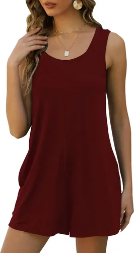 Vista 5 de Qnasey Mameluco corto casual de verano para mujer, con cuello redondo, sin mangas, con bolsillos