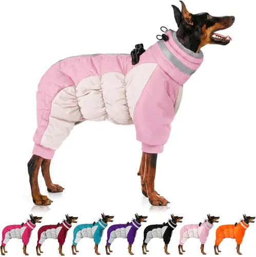Vista 7 de MIGOHI Abrigo para perro de cuerpo completo - Abrigo de invierno cálido y reflectante para perros pequeños con arnés, chaqueta de cuello alto
