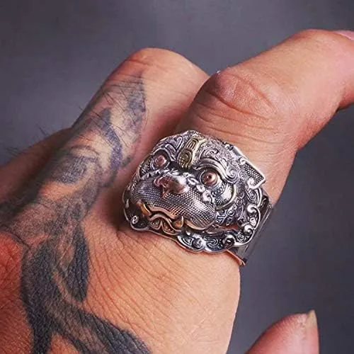 Vista 3 de Pi Xiu Anillo para hombres, Mitología China, Anillo Pixiu, Anillo de amuleto PiXiu, Anillo Feng Shui Buena Suerte, Atraer Riqueza Dinero Anillo