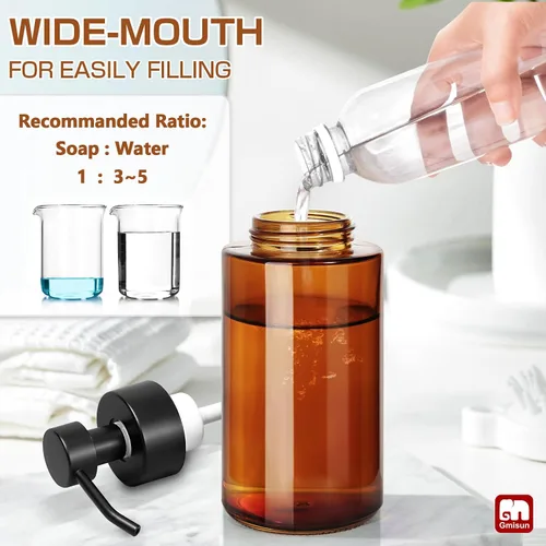 Vista 8 de GMISUN Dispensador de jabón espumoso de vidrio, dispensador de jabón de vidrio ámbar de 10 onzas líquidas para baño y cocina, paquete de 2