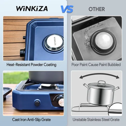 Vista 3 de Estufa de camping de propano inoxidable 304 de 2 quemadores con plancha, estufas portátiles de propano con 24000BTU, compatible con sartén