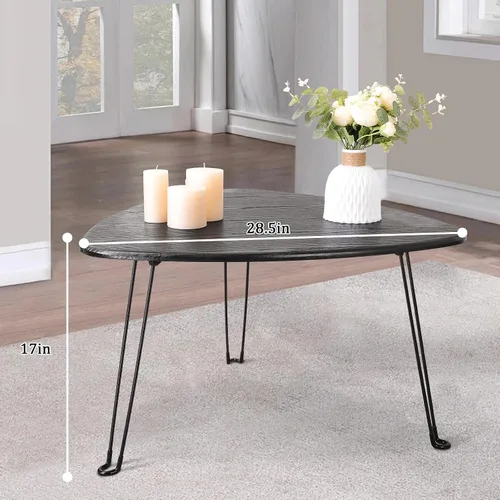 Vista 5 de Mesa de centro plegable negra de madera triangular para sentarse en el suelo, mesas auxiliares pequeñas ovaladas, mesa de centro moderna de mediados