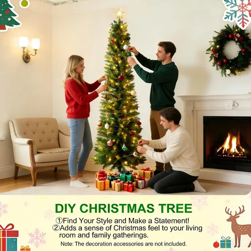 Vista 5 de Árbol de Navidad artificial preiluminado de 5 pies, color verde, para espacios pequeños, hogar, oficina, decoración de vacaciones Lápiz